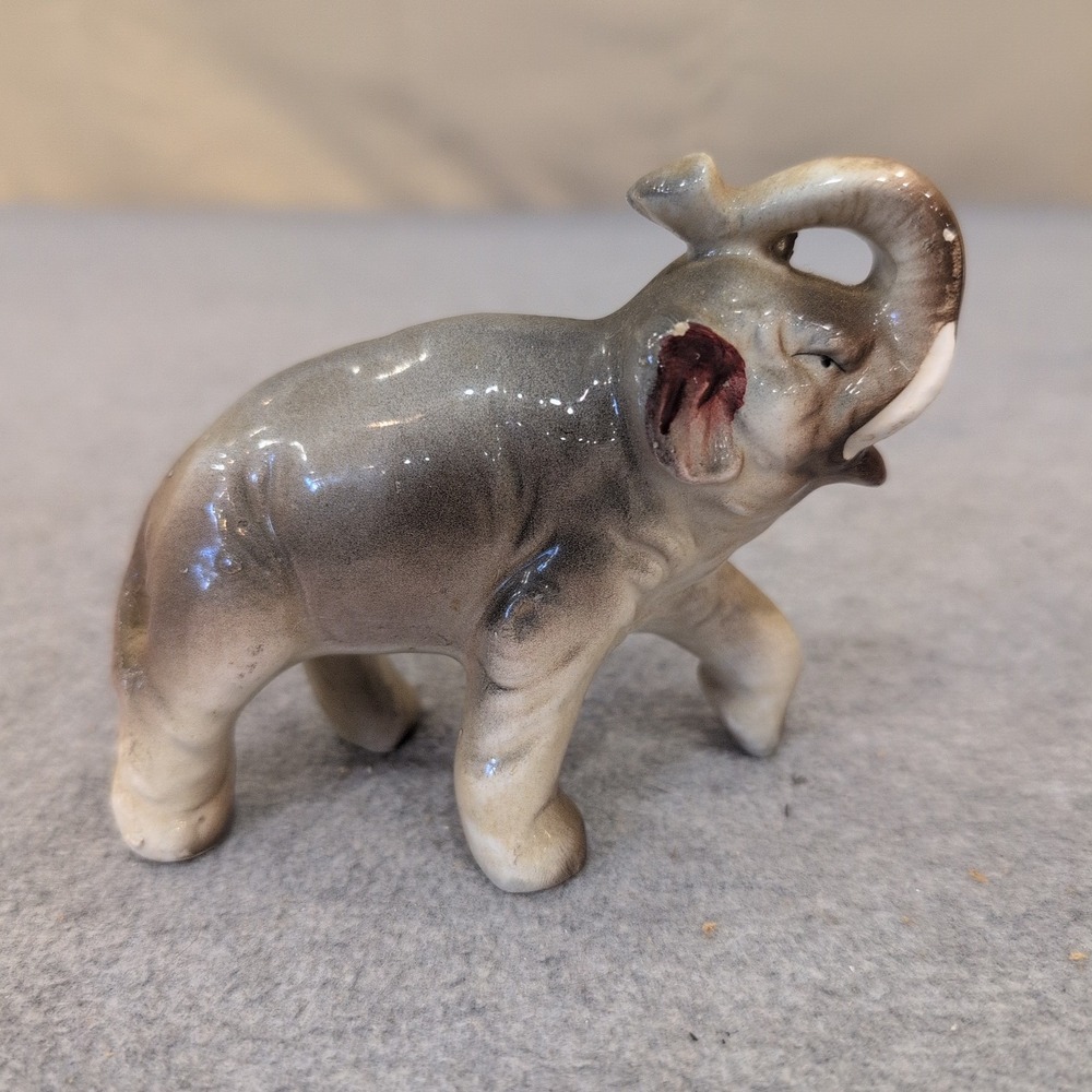 Vintage Ceramic Elephant Figurine Trunk Up Good Luck Glossy Grey Tan Painted - Picture 1 of 4